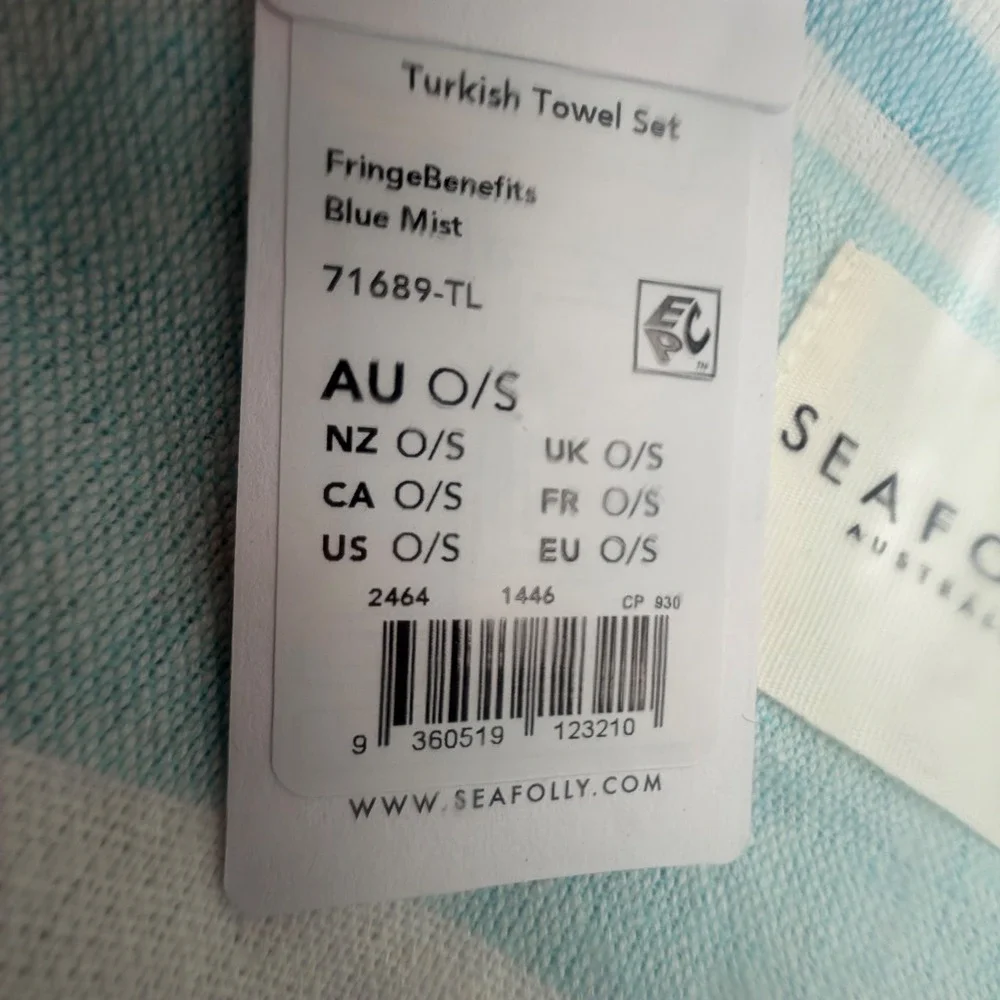 Seafolly Australia Turkish Towel‎ Set Blue Mist Stripe Beach Bag NEW